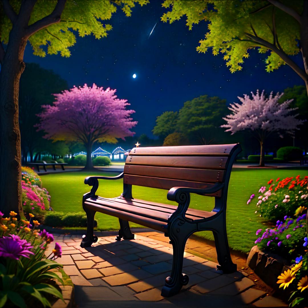  A park bench, stars , beautiful flowers exotic, half-day, half-nighttime , Highly defined, highly detailed, sharp focus, (centered image composition), 4K, 8K