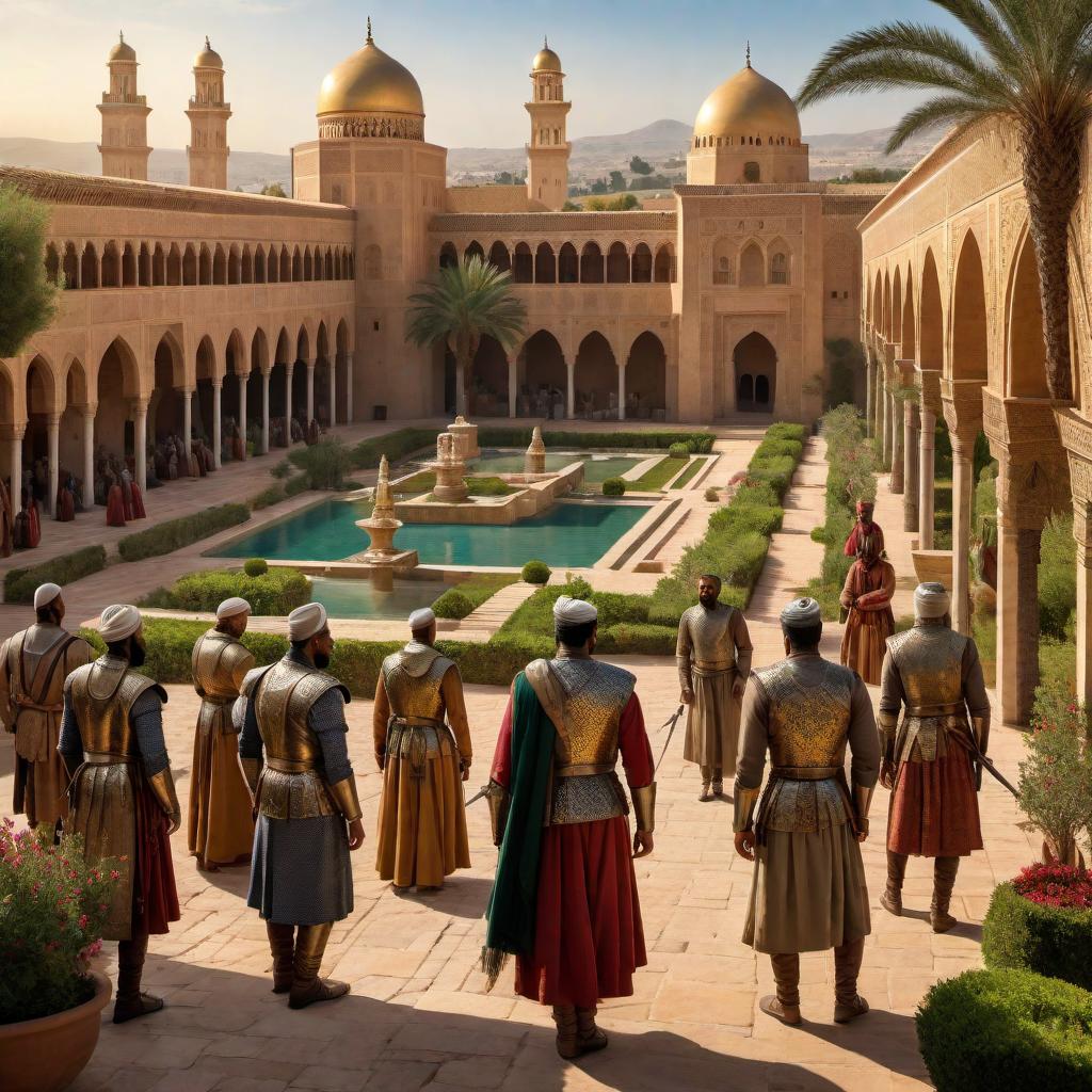  A detailed and historically accurate depiction of the Almoravides Moors in Al Andalusia during their time of rule in the 11th and 12th centuries. The scene features Moorish warriors in traditional attire, including turbans and armor, showcasing their military prowess. The background includes iconic elements of Al Andalusian architecture such as intricate palace structures, arches, and courtyards with fountains and lush gardens. The setting sun casts a golden light over the scene, highlighting the blend of North African and Iberian influences. There are also scholars and merchants seen in the bustling markets, indicating the vibrant cultural and intellectual life of the period. hyperrealistic, full body, detailed clothing, highly detailed, cinematic lighting, stunningly beautiful, intricate, sharp focus, f/1. 8, 85mm, (centered image composition), (professionally color graded), ((bright soft diffused light)), volumetric fog, trending on instagram, trending on tumblr, HDR 4K, 8K