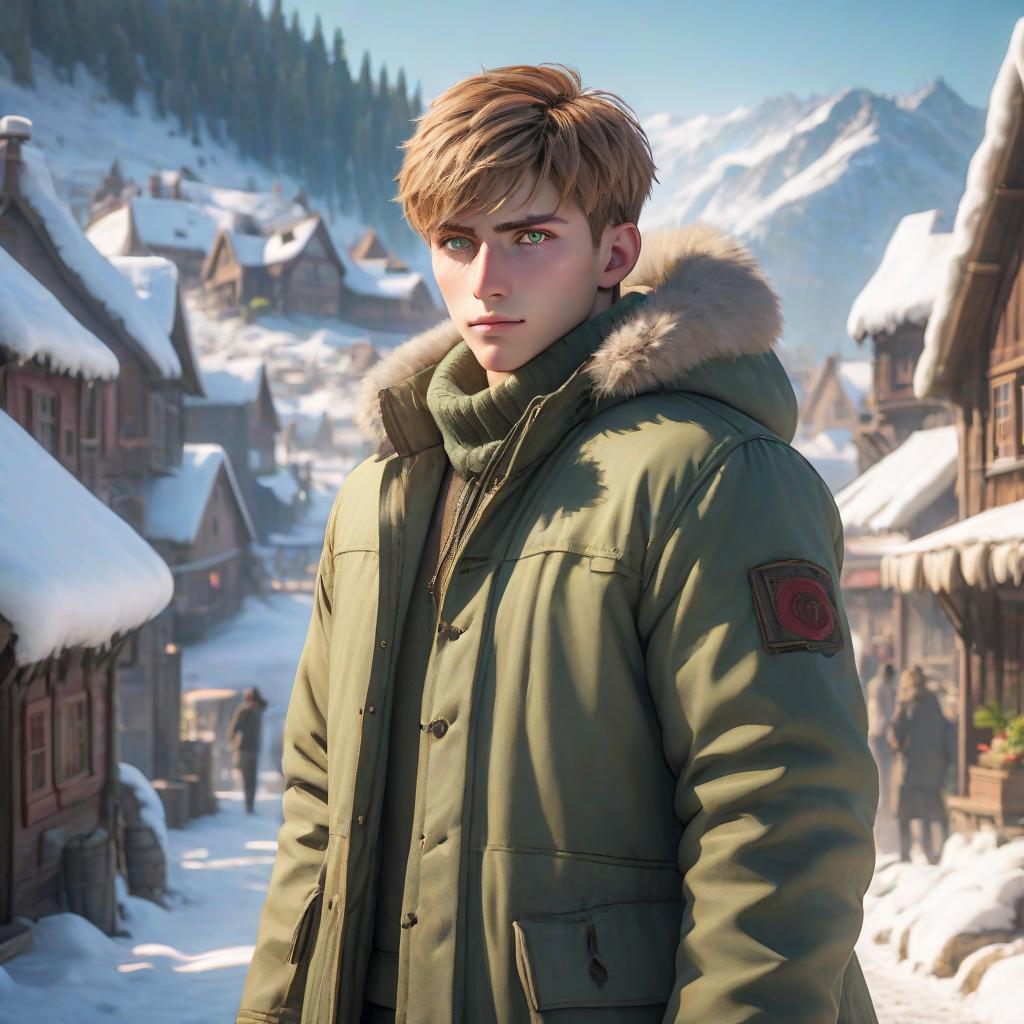  A young man stands before a snow covered village in a bright day. He has one red eye and one green eye. He has light brown hair and a fluffy jacket. hyperrealistic, full body, detailed clothing, highly detailed, cinematic lighting, stunningly beautiful, intricate, sharp focus, f/1. 8, 85mm, (centered image composition), (professionally color graded), ((bright soft diffused light)), volumetric fog, trending on instagram, trending on tumblr, HDR 4K, 8K