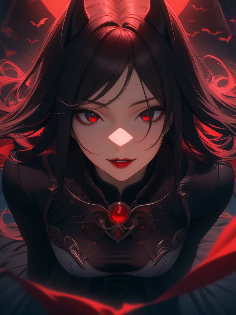  ((Long black hair,parted bangs,forehead,black eyes,long eyes,thin eyes,hanging eyes,double teeth,dark circles,blood,bright red lips,invincible smile,vampires,bats)),(Vampire mant,night sky,moonlight,red moon,red rose),, masterpiece, best quality,8k,ultra detailed,high resolution,an extremely delicate and beautiful,hyper detail hyperrealistic, full body, detailed clothing, highly detailed, cinematic lighting, stunningly beautiful, intricate, sharp focus, f/1. 8, 85mm, (centered image composition), (professionally color graded), ((bright soft diffused light)), volumetric fog, trending on instagram, trending on tumblr, HDR 4K, 8K