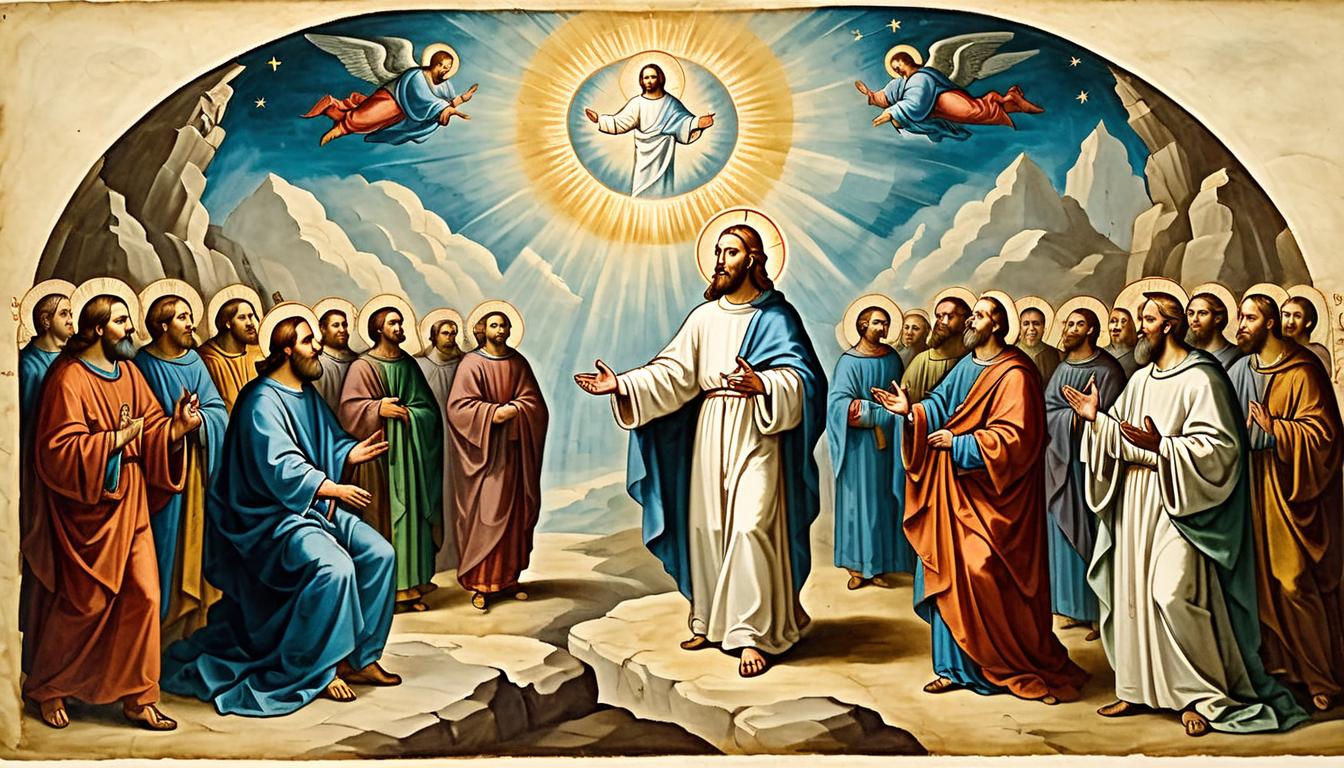  on parchment, surrealism+++, A scene of divine transfiguration, radiant figure enveloped in brilliant light, standing amidst apostles and followers, awe and reverence, mystical, sacred(mysterious, provocative, symbolic,muted color)+++