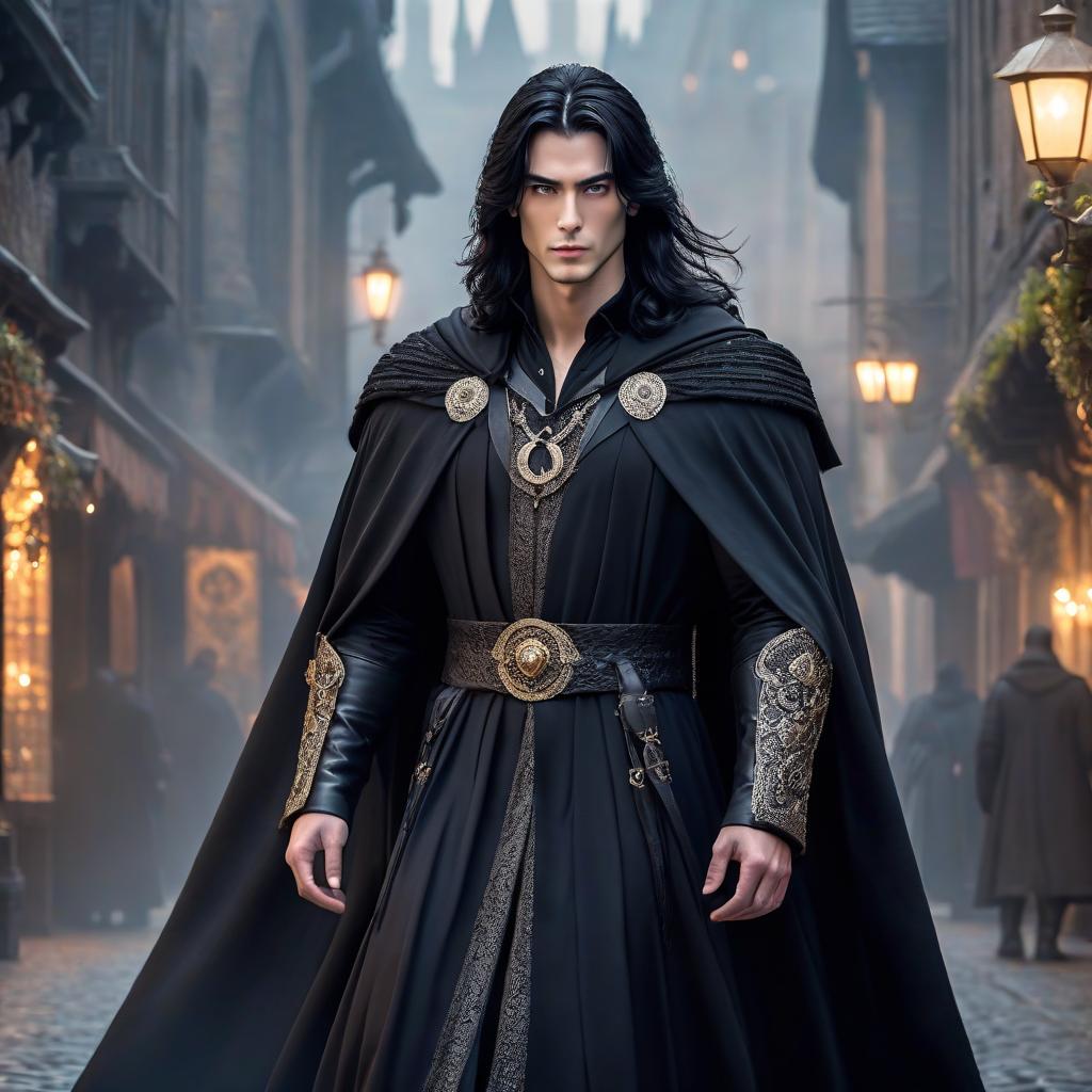  Young man in a long black cloak, long black hair, fantasy style. hyperrealistic, full body, detailed clothing, highly detailed, cinematic lighting, stunningly beautiful, intricate, sharp focus, f/1. 8, 85mm, (centered image composition), (professionally color graded), ((bright soft diffused light)), volumetric fog, trending on instagram, trending on tumblr, HDR 4K, 8K