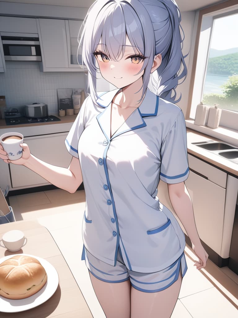  best quality,masterpiece,generate kitchen,masterpiece,dynamic angle,girl,summer style pajamas,smile,coffee,breads,photo realistic background, masterpiece, best quality,8k,ultra detailed,high resolution,an extremely delicate and beautiful,hyper detail