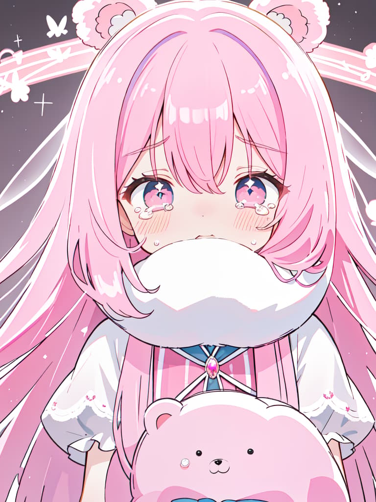  Long hair, , pink hair, bear stuffed animal, face, shy face, crying, masterpiece, best quality,8k,ultra detailed,high resolution,an extremely delicate and beautiful,hyper detail