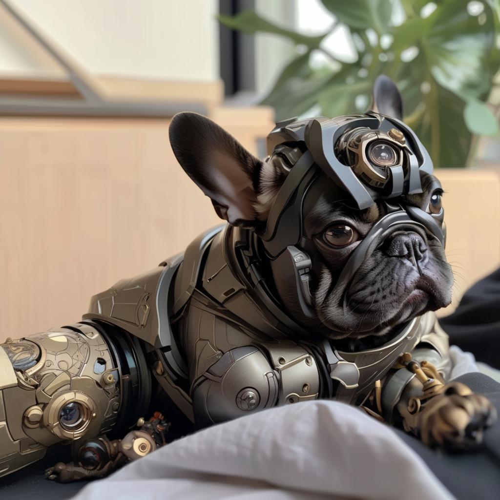  by Studio Ghibli and Alphonse Mucha, thick (science fiction scene:1.1), french bulldog