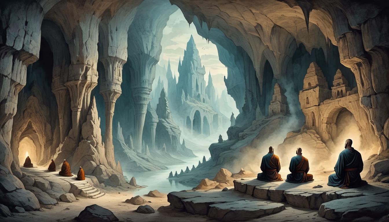  on parchment, surrealism+++, Monks meditating in isolated rocky caves, inner self exploration, deep concentration, ethereal light(mysterious, provocative, symbolic,muted color)+++