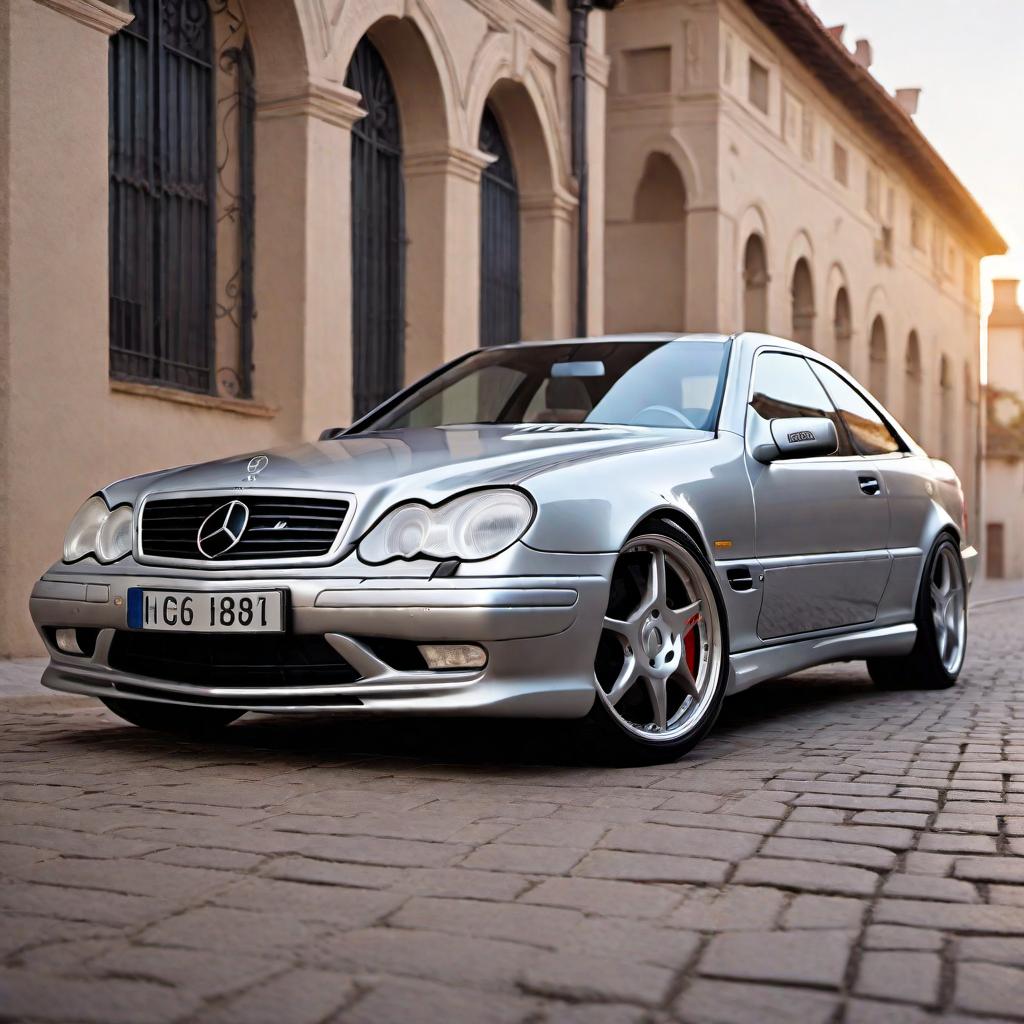  1997 Mercedes AMG C36 in silver color, parked on a road. The distinctive AMG sporty design elements should include a slightly aggressive front grille, alloy wheels, and classic 90's sedan body lines. The background should be simple and unobtrusive to keep the focus on the car. hyperrealistic, full body, detailed clothing, highly detailed, cinematic lighting, stunningly beautiful, intricate, sharp focus, f/1. 8, 85mm, (centered image composition), (professionally color graded), ((bright soft diffused light)), volumetric fog, trending on instagram, trending on tumblr, HDR 4K, 8K