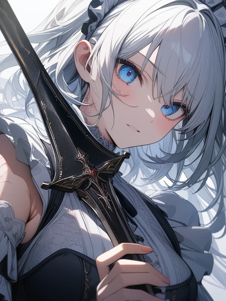  Lolita clothes, maid clothes, white hair, blue eyes, bite marks on the neck, two sword style, swords, women, cool, cute, masterpiece, best quality,8k,ultra detailed,high resolution,an extremely delicate and beautiful,hyper detail