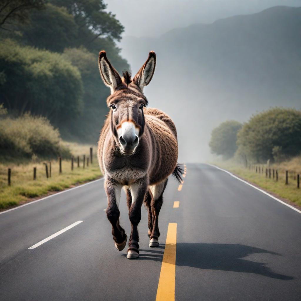  A humorous image depicting a donkey crossing a road with a caption 'To get to the other side!' hyperrealistic, full body, detailed clothing, highly detailed, cinematic lighting, stunningly beautiful, intricate, sharp focus, f/1. 8, 85mm, (centered image composition), (professionally color graded), ((bright soft diffused light)), volumetric fog, trending on instagram, trending on tumblr, HDR 4K, 8K