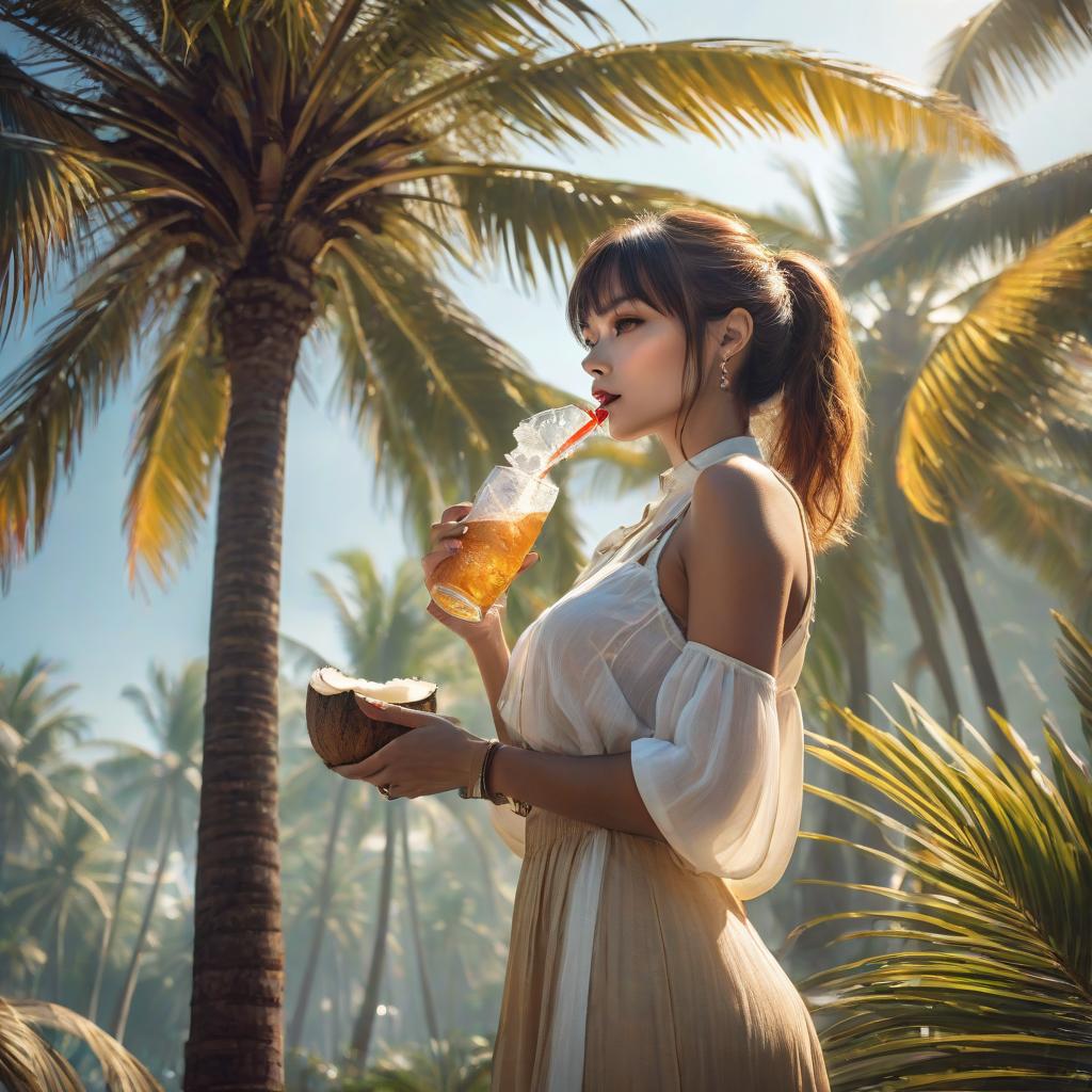  a woman stands tall, leans against a palm tree and drinks from a coconut hyperrealistic, full body, detailed clothing, highly detailed, cinematic lighting, stunningly beautiful, intricate, sharp focus, f/1. 8, 85mm, (centered image composition), (professionally color graded), ((bright soft diffused light)), volumetric fog, trending on instagram, trending on tumblr, HDR 4K, 8K