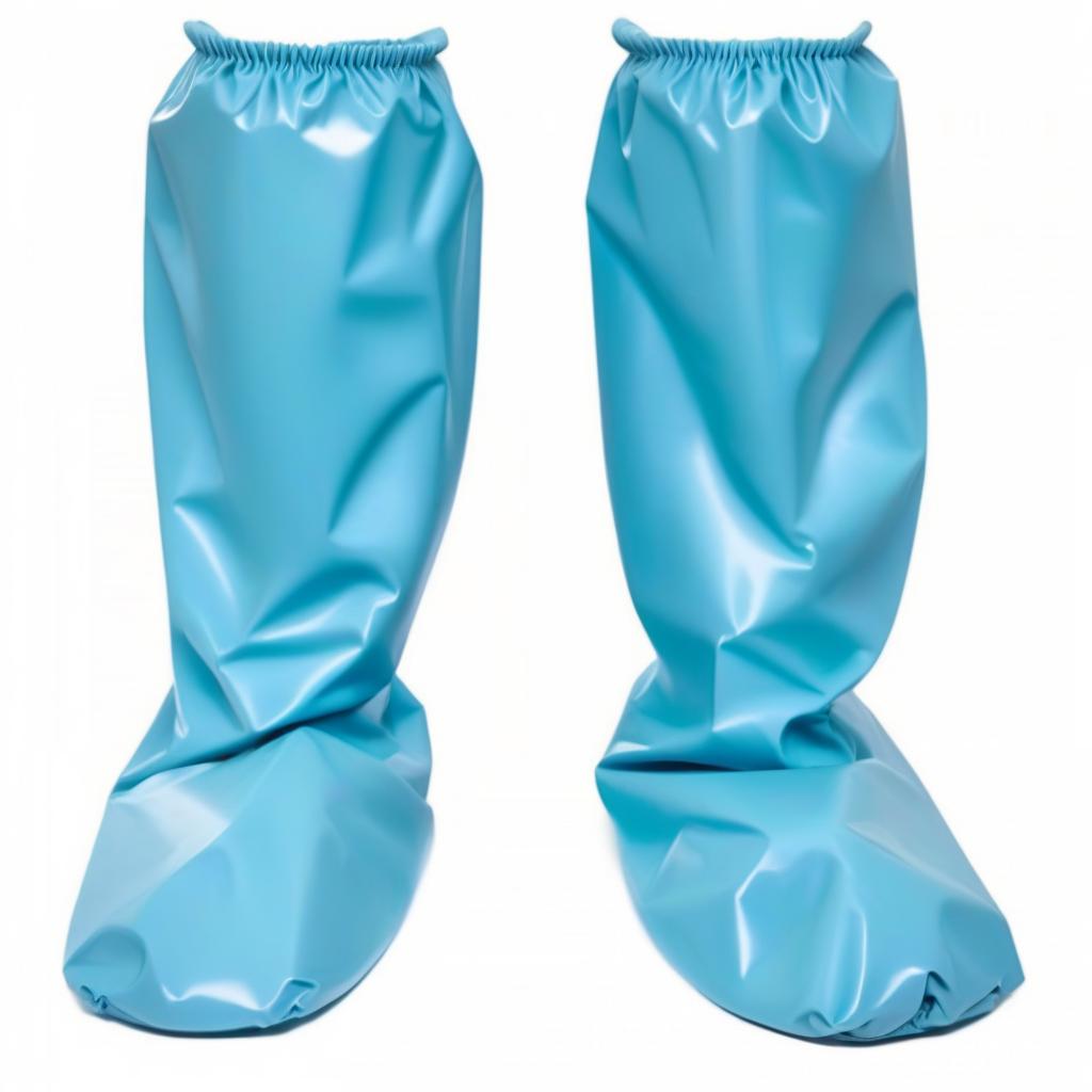  high surgical shoe covers with tape ties look like knee high boots: {The shoe covers secure around the ankle with tape ties and an elastic cuff under the knee}. (the lower part of shoe cover: 1.1) covers the entire foot (from sole to ankle: 1.1) (covered with glossy dark blue latex: 1.1) and (the upper part of shoe cover: 1.1) fits tightly to the calves (from ankle to knee: 1.1) (covered glossy dark green latex: 1.1). hyperrealistic, full body, detailed clothing, highly detailed, cinematic lighting, stunningly beautiful, intricate, sharp focus, f/1. 8, 85mm, (centered image composition), (professionally color graded), ((bright soft diffused light)), volumetric fog, trending on instagram, trending on tumblr, HDR 4K, 8K