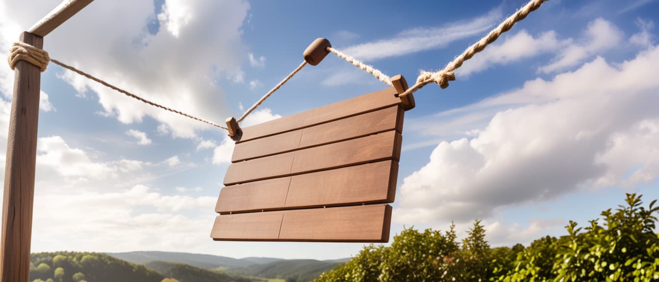  Wooden sign hanging on a rope against the sky