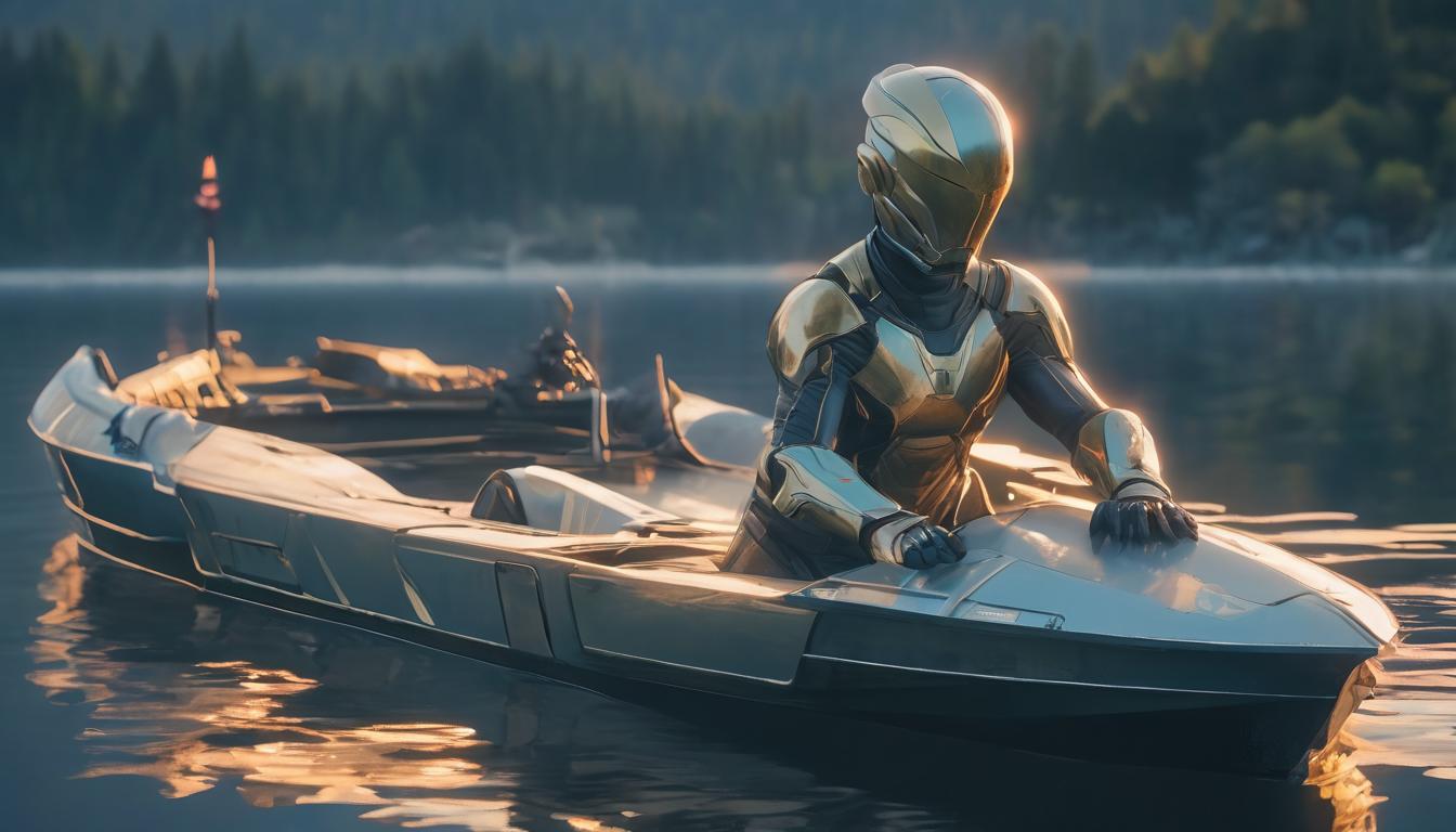  hyperrealism,fantasy aestheticA still lake reflecting a calm sky, a sturdy boat anchored securely, tranquil waters, mirroring serenity, stillness, inner strength, peaceful aura, high tech clothing clad in sleek, futuristic costume with metallic accents and form fitting designs, marvel superhero comics style, unreal engine rendering