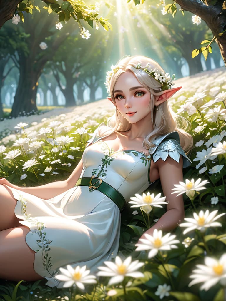  masterpiece, best quality, elf adventurer lying down in a field of white flowers, foliage dress, barefoot, looking at viewer, smug, smirk, blushing, (ultra detailed body), dutch angle, cinematic, volumetric lighting, sunbeam, soft lighting, mystical, magical, rim lighting, fantasy, sparkle, glittering hyperrealistic, full body, detailed clothing, highly detailed, cinematic lighting, stunningly beautiful, intricate, sharp focus, f/1. 8, 85mm, (centered image composition), (professionally color graded), ((bright soft diffused light)), volumetric fog, trending on instagram, trending on tumblr, HDR 4K, 8K