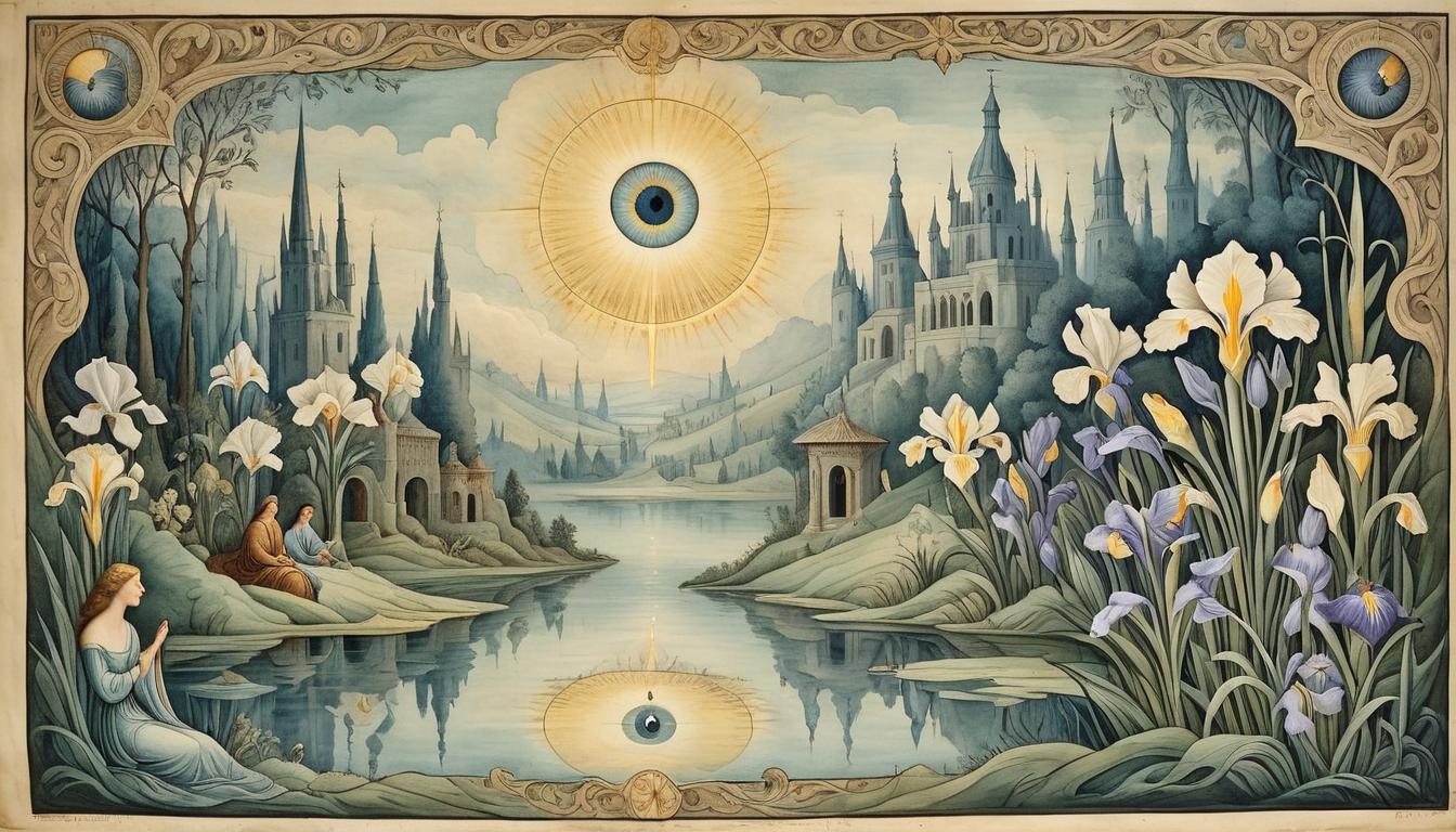  on parchment, surrealism+++, An eye opening wide, intricate details in iris and reflection of surrounding figures, moment of revelation, clarity lit by ethereal light(mysterious, provocative, symbolic,muted color)+++