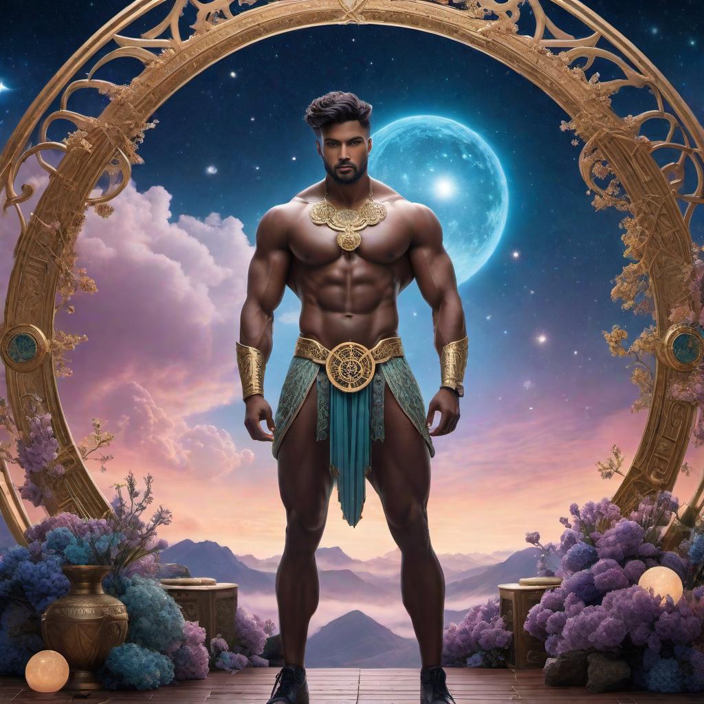  A male Gemini in a fantasy lofi style, featuring the zodiac sign of a man. Incorporate twin symbols associated with Gemini, in a tranquil, whimsical setting with a dreamy night sky overhead, soft pastel hues, and mystical, celestial accents. hyperrealistic, full body, detailed clothing, highly detailed, cinematic lighting, stunningly beautiful, intricate, sharp focus, f/1. 8, 85mm, (centered image composition), (professionally color graded), ((bright soft diffused light)), volumetric fog, trending on instagram, trending on tumblr, HDR 4K, 8K