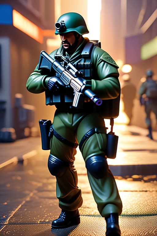  Army man with a plastic small waterpistol hyperrealistic, full body, detailed clothing, highly detailed, cinematic lighting, stunningly beautiful, intricate, sharp focus, f/1. 8, 85mm, (centered image composition), (professionally color graded), ((bright soft diffused light)), volumetric fog, trending on instagram, trending on tumblr, HDR 4K, 8K