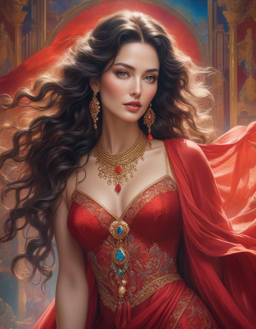  This portrait showcases a woman with a captivating presence, her long dark hair styled in loose waves. She wears a stunning red dress that hugs her figure, and a flowing scarf that adds a touch of drama to the overall image. The intricate jewelry she wears adds a touch of glamour to the already stunning portrait. , insanely detailed, fantasy, in the style of Josephine Wall, Gustav Klimt, Nikon D850 digital painting ultra realistic extremely detailed fantasy 8k oil on canvas cinematic lighting very attractive, beautiful imperial colors hyperrealistic, ultra detailed crisp quality cinematic postprocessing hyperrealistic, full body, detailed clothing, highly detailed, cinematic lighting, stunningly beautiful, intricate, sharp focus, f/1. 8, 85mm, (centered image composition), (professionally color graded), ((bright soft diffused light)), volumetric fog, trending on instagram, trending on tumblr, HDR 4K, 8K