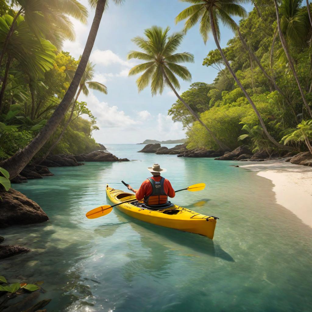  A serene image of a lone fisherman in a yellow kayak catching a big fish on a private beach. The fisherman is focused on his catch, with the kayak peacefully floating on the calm water. The private beach is surrounded by lush greenery and tropical plants, creating a secluded and tranquil setting. hyperrealistic, full body, detailed clothing, highly detailed, cinematic lighting, stunningly beautiful, intricate, sharp focus, f/1. 8, 85mm, (centered image composition), (professionally color graded), ((bright soft diffused light)), volumetric fog, trending on instagram, trending on tumblr, HDR 4K, 8K