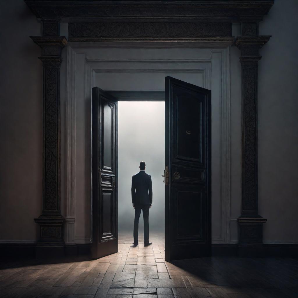  Illustration depicting the contrast between doors that represent choices of fear versus success. 1. **Fear Door** - Scene: A door labeled 'Fear'. The person standing in front looks anxious and hesitant. - Mood: Fear, anxiety, hesitation. - Thought Bubbles: 'What if I fail?', 'I'm not ready.', 'It's too risky.' - Visual Elements: The door is dark and ominous, perhaps with a shadowy figure behind it or cobwebs to symbolize neglect and apprehension. 2. **Success Door** - Scene: A door labeled 'Success'. The person standing in front looks determined and hopeful. - Mood: Motivation, hope, determination. - Thought Bubbles: 'I can do this!', 'Success is within reach.', 'I am ready.' - Visual Elements: The door is brightly lit, adorned with posit hyperrealistic, full body, detailed clothing, highly detailed, cinematic lighting, stunningly beautiful, intricate, sharp focus, f/1. 8, 85mm, (centered image composition), (professionally color graded), ((bright soft diffused light)), volumetric fog, trending on instagram, trending on tumblr, HDR 4K, 8K