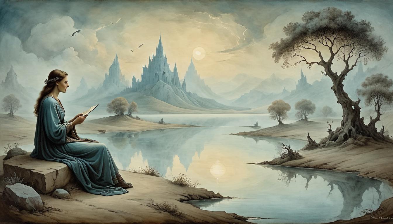  on parchment, surrealism+++, Contemplative figure, natural beauty, serene landscape, peaceful and reflective atmosphere(mysterious, provocative, symbolic,muted color)+++