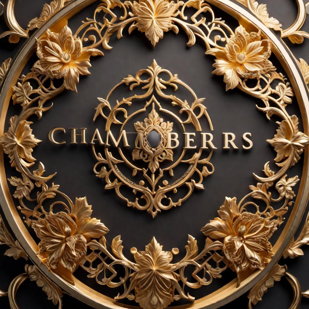  A 3D logo for CHAMBERS. The logo should prominently feature the name 'CHAMBERS' in a gold color scheme. The design should be modern and eye-catching, with elements that convey luxury and professionalism. Incorporate abstract shapes or features that give the logo a dynamic and three-dimensional appearance. hyperrealistic, full body, detailed clothing, highly detailed, cinematic lighting, stunningly beautiful, intricate, sharp focus, f/1. 8, 85mm, (centered image composition), (professionally color graded), ((bright soft diffused light)), volumetric fog, trending on instagram, trending on tumblr, HDR 4K, 8K