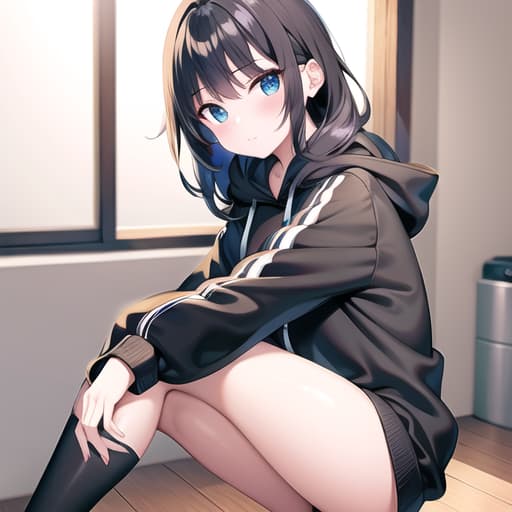  master piece , best quality,Black hoodie Girl