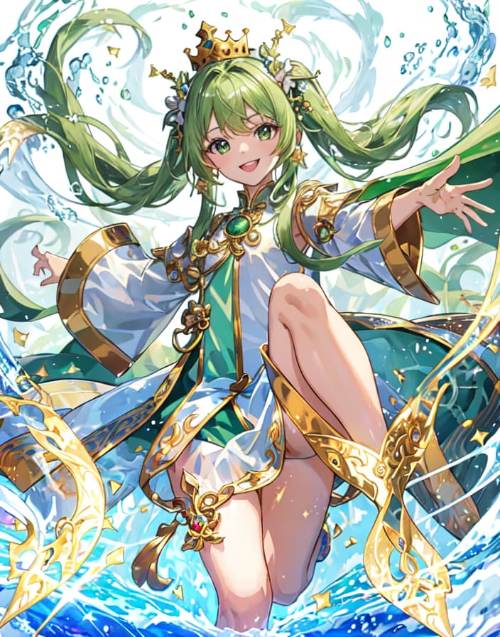  master piece , best quality,clear , perfect green, twin soul,twin christ,king of minolity,happy,smile,healing,white pantie,dragon god, crown,Dynamic pose, hair, ,Transparent long , Full of light, Knee length ,White background