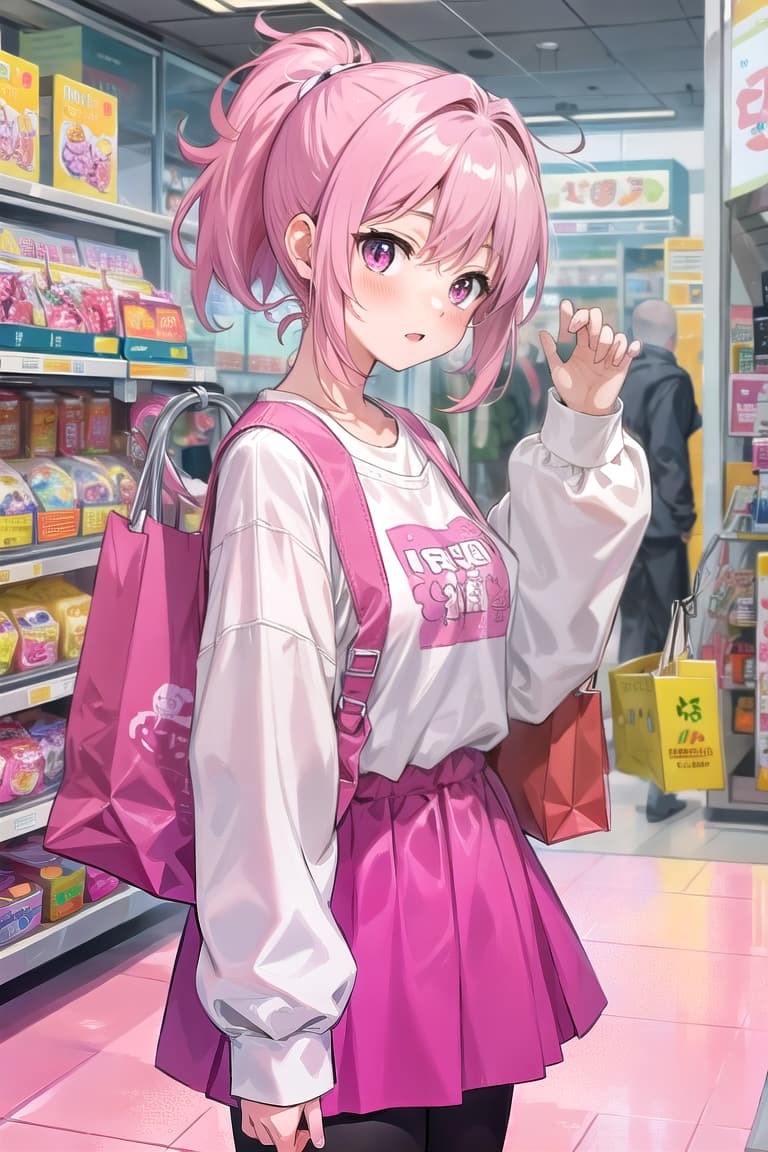  pink haired ,ponytail,large eyes,shopping,pink ,room,change clothes,bed,take off