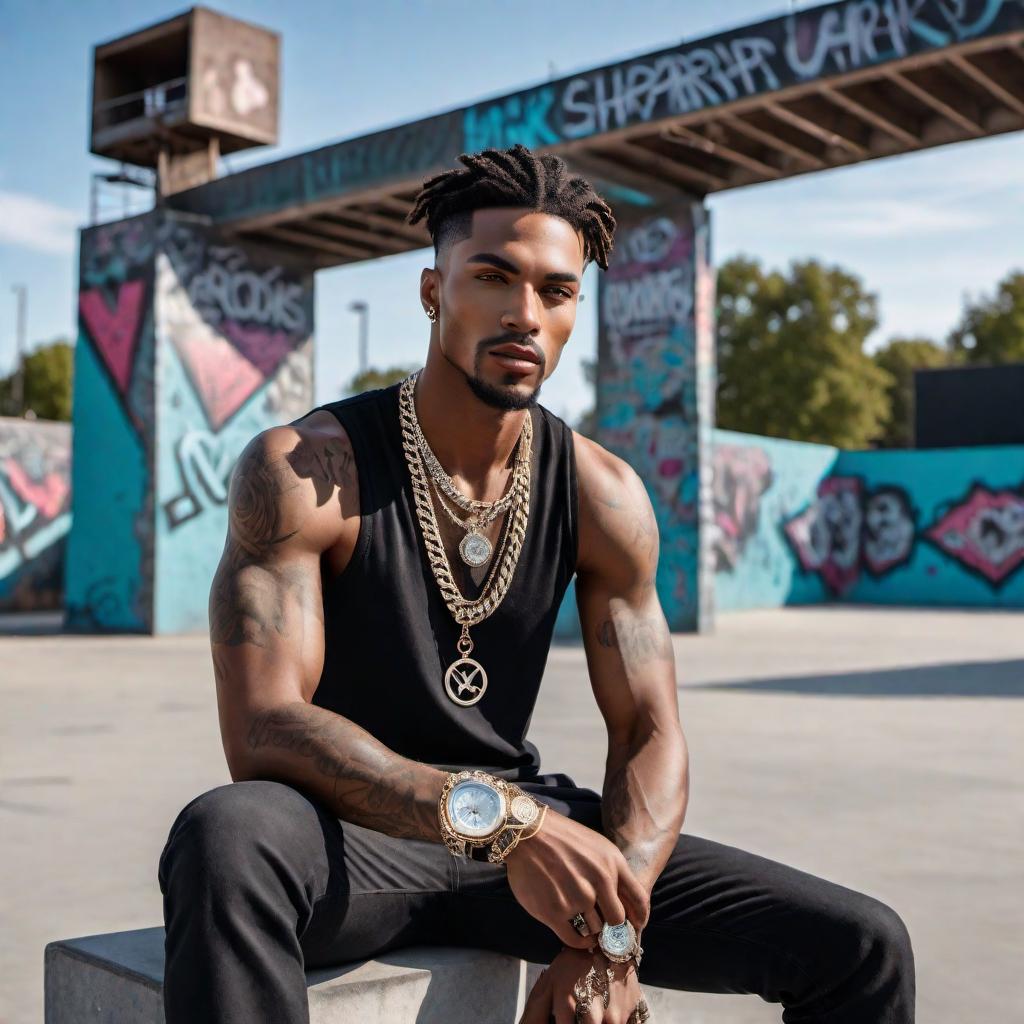  A male model at a skatepark wearing high-end diamond jewelry. The model is stylishly dressed in trendy streetwear fashion, with chains, rings, and a diamond-encrusted watch clearly visible. The skatepark has ramps, graffiti, and a chill urban vibe. hyperrealistic, full body, detailed clothing, highly detailed, cinematic lighting, stunningly beautiful, intricate, sharp focus, f/1. 8, 85mm, (centered image composition), (professionally color graded), ((bright soft diffused light)), volumetric fog, trending on instagram, trending on tumblr, HDR 4K, 8K