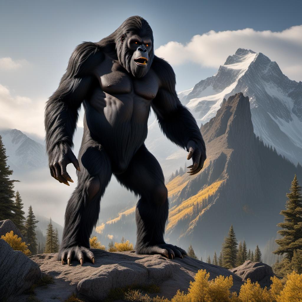  A scary-looking Bigfoot-type creature that is 9 feet tall, weighing 1300 pounds, with an all-black fur coat. The creature has piercing yellow eyes and extremely large hands, standing in a mountainous landscape. The mountains are rugged and dark, adding to the intimidating and eerie mood of the scene. hyperrealistic, full body, detailed clothing, highly detailed, cinematic lighting, stunningly beautiful, intricate, sharp focus, f/1. 8, 85mm, (centered image composition), (professionally color graded), ((bright soft diffused light)), volumetric fog, trending on instagram, trending on tumblr, HDR 4K, 8K