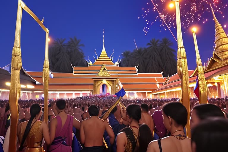  Party at the palace, celebrating victory outside Thai palace in the night sooooo many people There are warriors Look at the picture from a distant perspective.