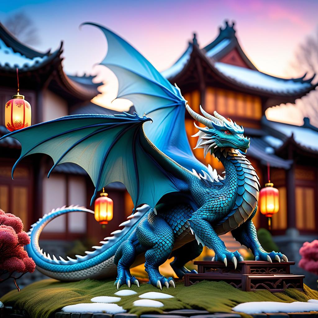  ethereal fantasy concept art of (Background): Blue sky. In the sky is a snow covered island. A Chinese style house with a scaly roof rises in the centre of the island. Chinese lanterns in the shape of snowflakes stand on the lawn. They serve as the base of the house. A large dragon curls around the house. He is its caring guardian. Foreground. (Dragon):appearance: a peacefully slumbering dragon with wings hugging the house. (Colour of scales and wings):blue, flowing into silvery white wings with pale blue scales at the end. Style:fantasy, Chinese doramas, short story. . magnificent, celestial, ethereal, painterly, epic, majestic, magical, fantasy art, cover art, dreamy hyperrealistic, full body, detailed clothing, highly detailed, cinematic lighting, stunningly beautiful, intricate, sharp focus, f/1. 8, 85mm, (centered image composition), (professionally color graded), ((bright soft diffused light)), volumetric fog, trending on instagram, trending on tumblr, HDR 4K, 8K