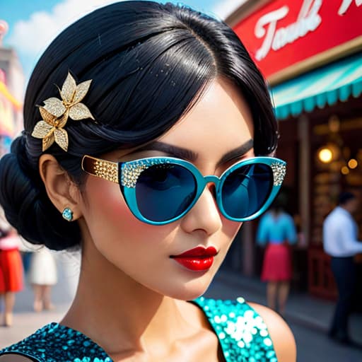  Subject detail: the image depicts a Highly detailed pair of sunglasses with vintage styling, Them sunglasses are made from a combination of glitter, metallic, coloured acetate. Art style: in the mixed art style of Irregular Choice, and Osamu Tezuka. Medium: This artwork is highly detailed and photorealistic. hyperrealistic, full body, detailed clothing, highly detailed, cinematic lighting, stunningly beautiful, intricate, sharp focus, f/1. 8, 85mm, (centered image composition), (professionally color graded), ((bright soft diffused light)), volumetric fog, trending on instagram, trending on tumblr, HDR 4K, 8K