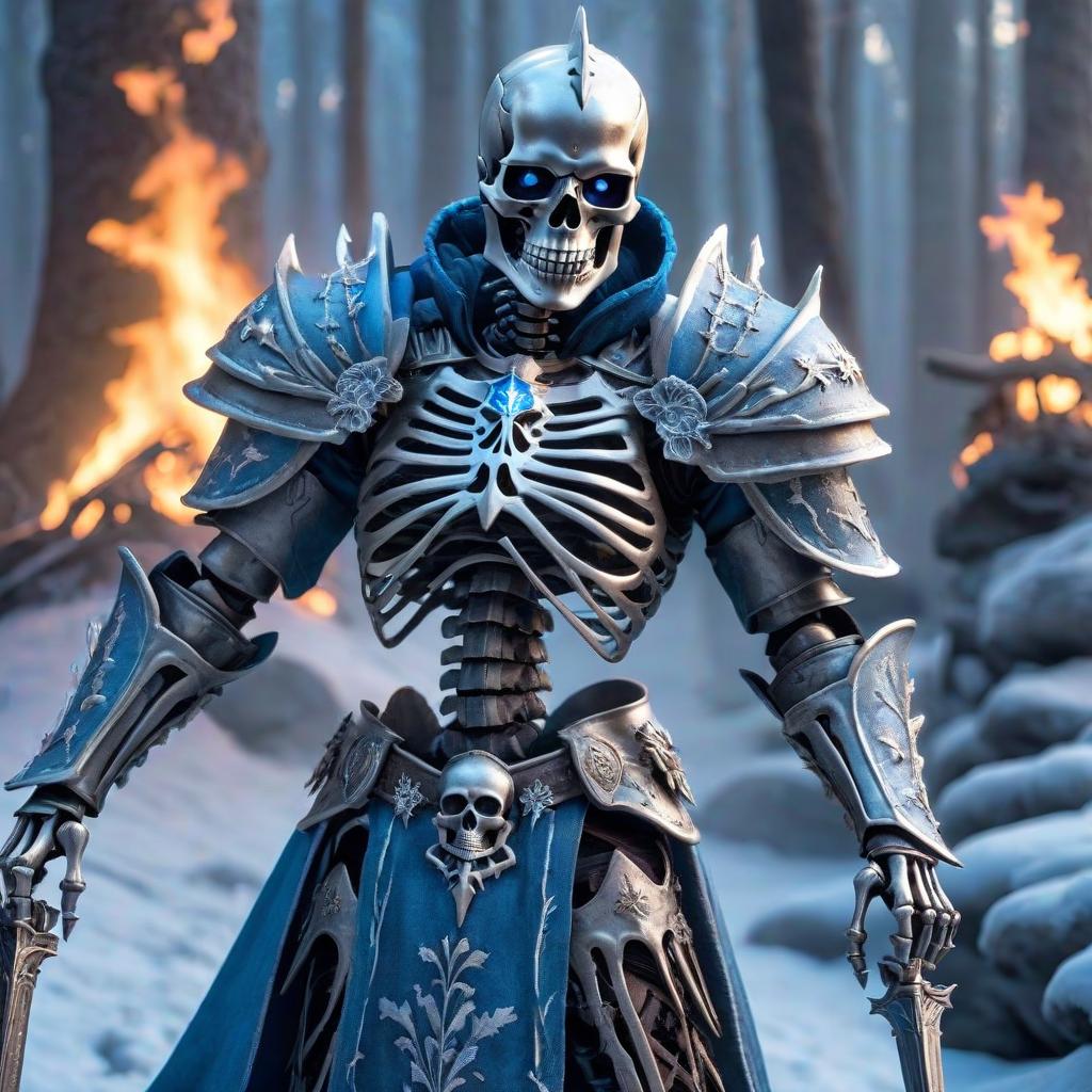  Frozen skeleton knight with blazing blue eyes. hyperrealistic, full body, detailed clothing, highly detailed, cinematic lighting, stunningly beautiful, intricate, sharp focus, f/1. 8, 85mm, (centered image composition), (professionally color graded), ((bright soft diffused light)), volumetric fog, trending on instagram, trending on tumblr, HDR 4K, 8K