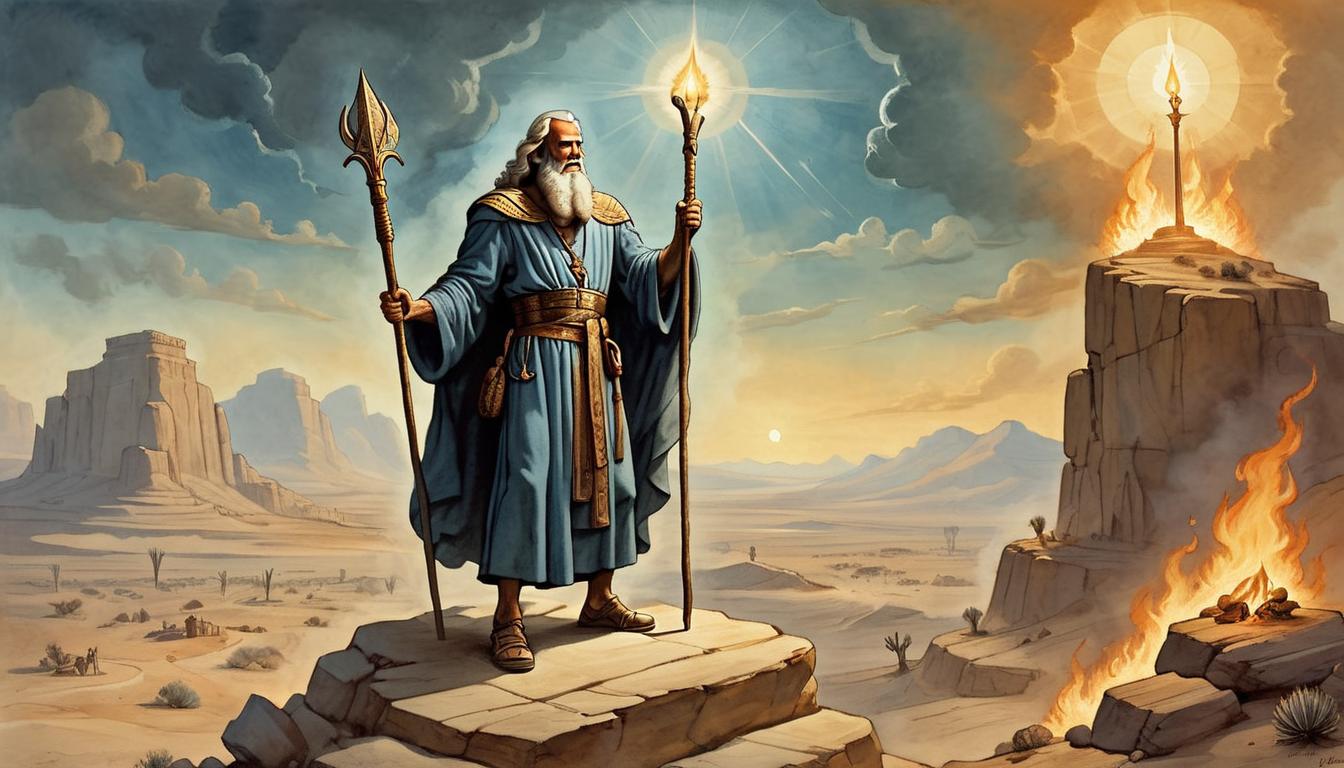  on parchment, surrealism+++, Moses, with a burning determination in his eyes, holding his staff, standing on a rock ledge overlooking the desert, divine light illuminating him, feeling of resolve and mission(mysterious, provocative, symbolic,muted color)+++