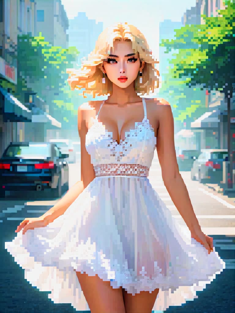  portrait of a woman with blonde hair, wearing a white summer dress, (pixel:0.8), flat,clear background hyperrealistic, full body, detailed clothing, highly detailed, cinematic lighting, stunningly beautiful, intricate, sharp focus, f/1. 8, 85mm, (centered image composition), (professionally color graded), ((bright soft diffused light)), volumetric fog, trending on instagram, trending on tumblr, HDR 4K, 8K