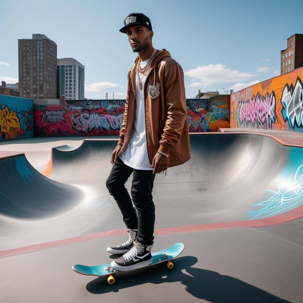  A man at a skatepark wearing very shiny diamond jewelry. The man is casually dressed in streetwear and is skating on a ramp. The jewelry should be very noticeable and reflect light, showcasing its shininess. The background shows other skaters and graffiti on the walls of the skatepark. hyperrealistic, full body, detailed clothing, highly detailed, cinematic lighting, stunningly beautiful, intricate, sharp focus, f/1. 8, 85mm, (centered image composition), (professionally color graded), ((bright soft diffused light)), volumetric fog, trending on instagram, trending on tumblr, HDR 4K, 8K