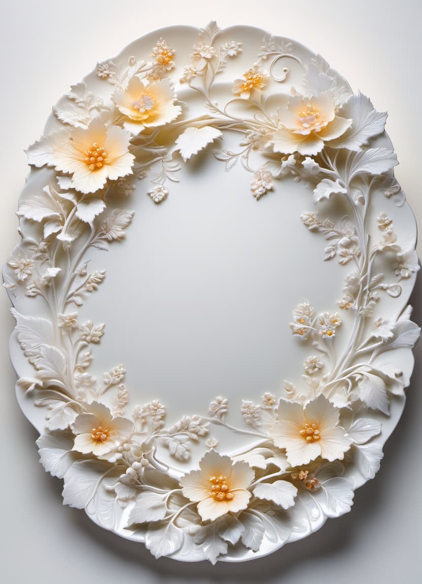  Digital Image. (White porcelain decorative sculpture: 1.5). Volume. Bunches of grapes from (White porcelain: 1.5). Lying on an exquisitely carved plate. Intricately carved leaf edges and patterns on the plate. Thin twigs, delicate flowers and leaves. Translucent, with many fine veins. Intricate weaves, curls, almost psychedelic ornamentation. Amazing, mesmerizing spectacle: glow, shine and gloss. Luminescence. The background is white, with shadows and spectacular lighting. Style: rococo, surrealism, fairy tale, fantasy. Dynamic and expressive. Subtle patterns. Stylization, complex decorativeness plateresco, surrealism, modernism. In the manner of Gustav Klimt, Peter Papikhin, Andrew Jones. High quality., Civitai, hkmagic hyperrealistic, full body, detailed clothing, highly detailed, cinematic lighting, stunningly beautiful, intricate, sharp focus, f/1. 8, 85mm, (centered image composition), (professionally color graded), ((bright soft diffused light)), volumetric fog, trending on instagram, trending on tumblr, HDR 4K, 8K