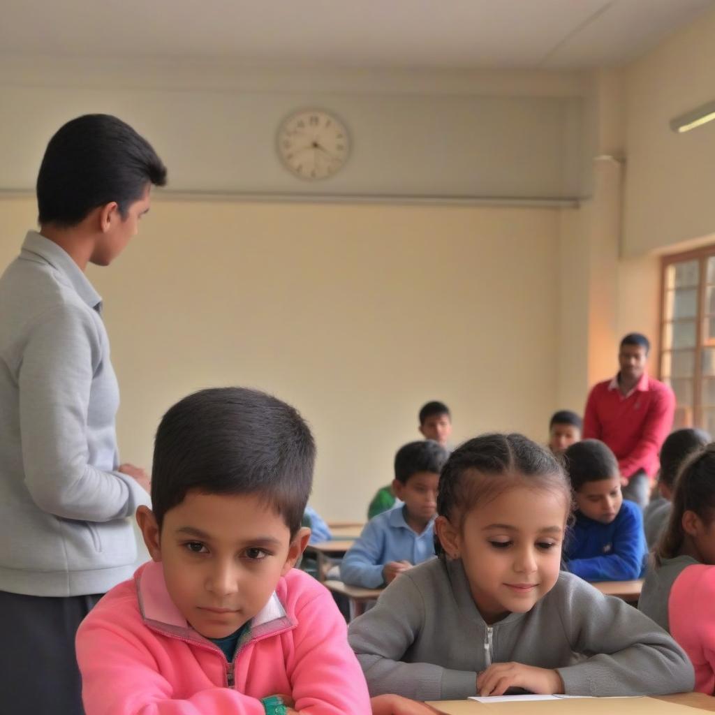  A man sits at school, in grade 1 with children