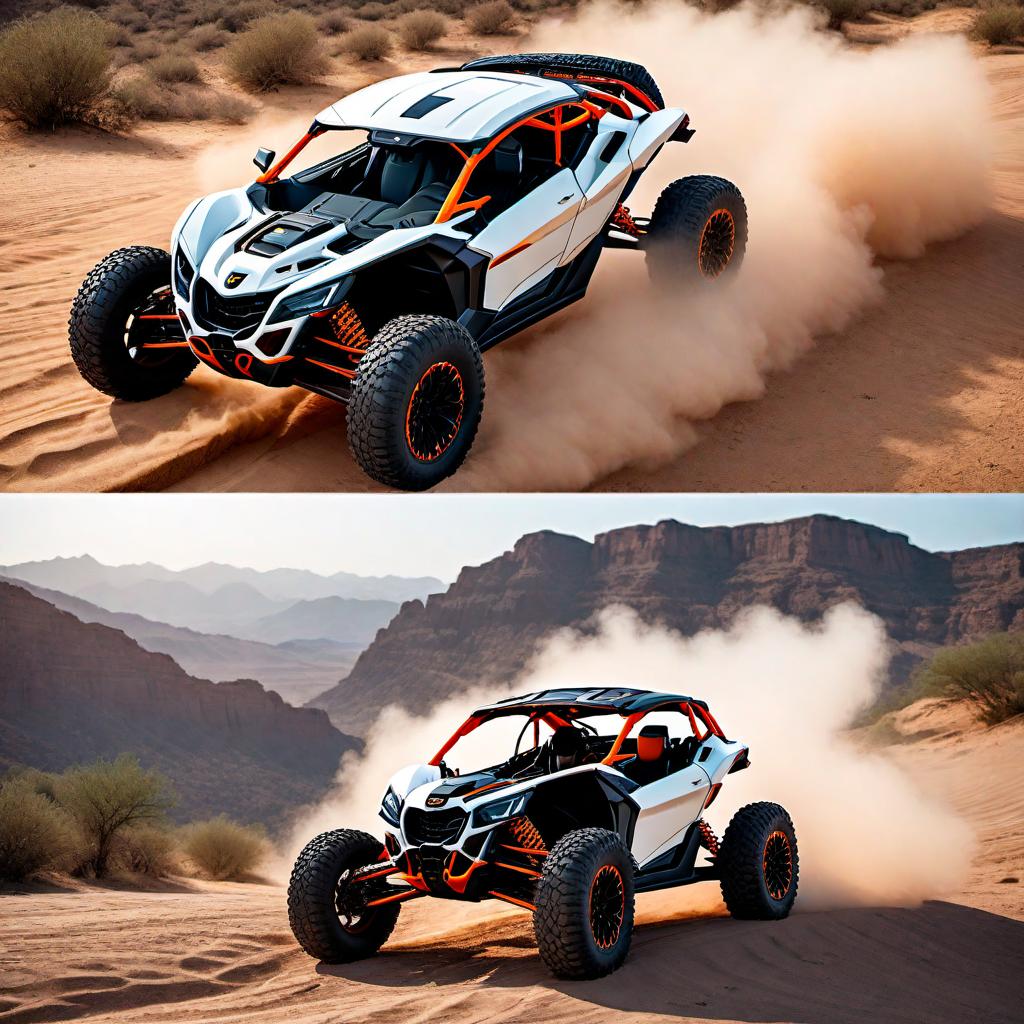  A cartoon-style representation of a Can-Am Maverick X3. The vehicle should have exaggerated features, such as large, expressive eyes on the headlights and a dynamic, energetic pose as if it's jumping or racing. Use bright, playful colors and smooth lines to enhance the cartoonish effect. The background can be simple, maybe with some fun elements like cartoonish terrain or a few comic-style action lines to show motion. hyperrealistic, full body, detailed clothing, highly detailed, cinematic lighting, stunningly beautiful, intricate, sharp focus, f/1. 8, 85mm, (centered image composition), (professionally color graded), ((bright soft diffused light)), volumetric fog, trending on instagram, trending on tumblr, HDR 4K, 8K