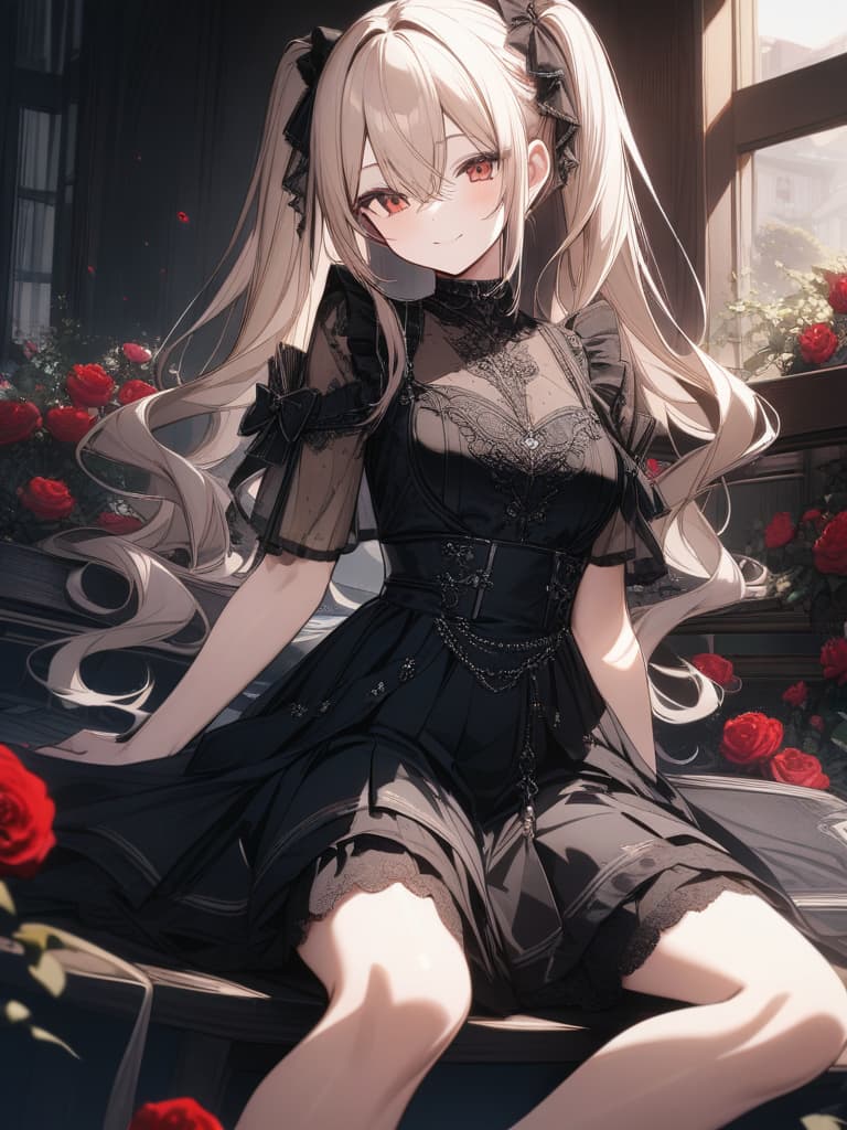  Hair colored beige, black gothic fashion, twin tails, long hair, rose motifs, eyes are red, smiles, whole body, masterpiece, best quality,8k,ultra detailed,high resolution,an extremely delicate and beautiful,hyper detail