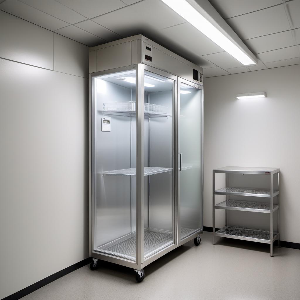  The interior of a small, low-budget mortuary room. The space is modest and practical, with just the essentials. A simple mortuary table sits in the center, surrounded by plain, functional equipment. The walls are sparsely decorated, maybe with only white paint or chipped tiles. Basic shelving units contain necessary mortuary supplies. There's a stainless steel refrigerator unit for storing bodies along one wall. The lighting is basic and functional, providing sufficient illumination. The overall atmosphere is utilitarian and unadorned, reflecting budget limitations. hyperrealistic, full body, detailed clothing, highly detailed, cinematic lighting, stunningly beautiful, intricate, sharp focus, f/1. 8, 85mm, (centered image composition), (professionally color graded), ((bright soft diffused light)), volumetric fog, trending on instagram, trending on tumblr, HDR 4K, 8K