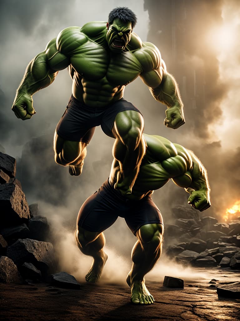  hulk hyperrealistic, full body, detailed clothing, highly detailed, cinematic lighting, stunningly beautiful, intricate, sharp focus, f/1. 8, 85mm, (centered image composition), (professionally color graded), ((bright soft diffused light)), volumetric fog, trending on instagram, trending on tumblr, HDR 4K, 8K