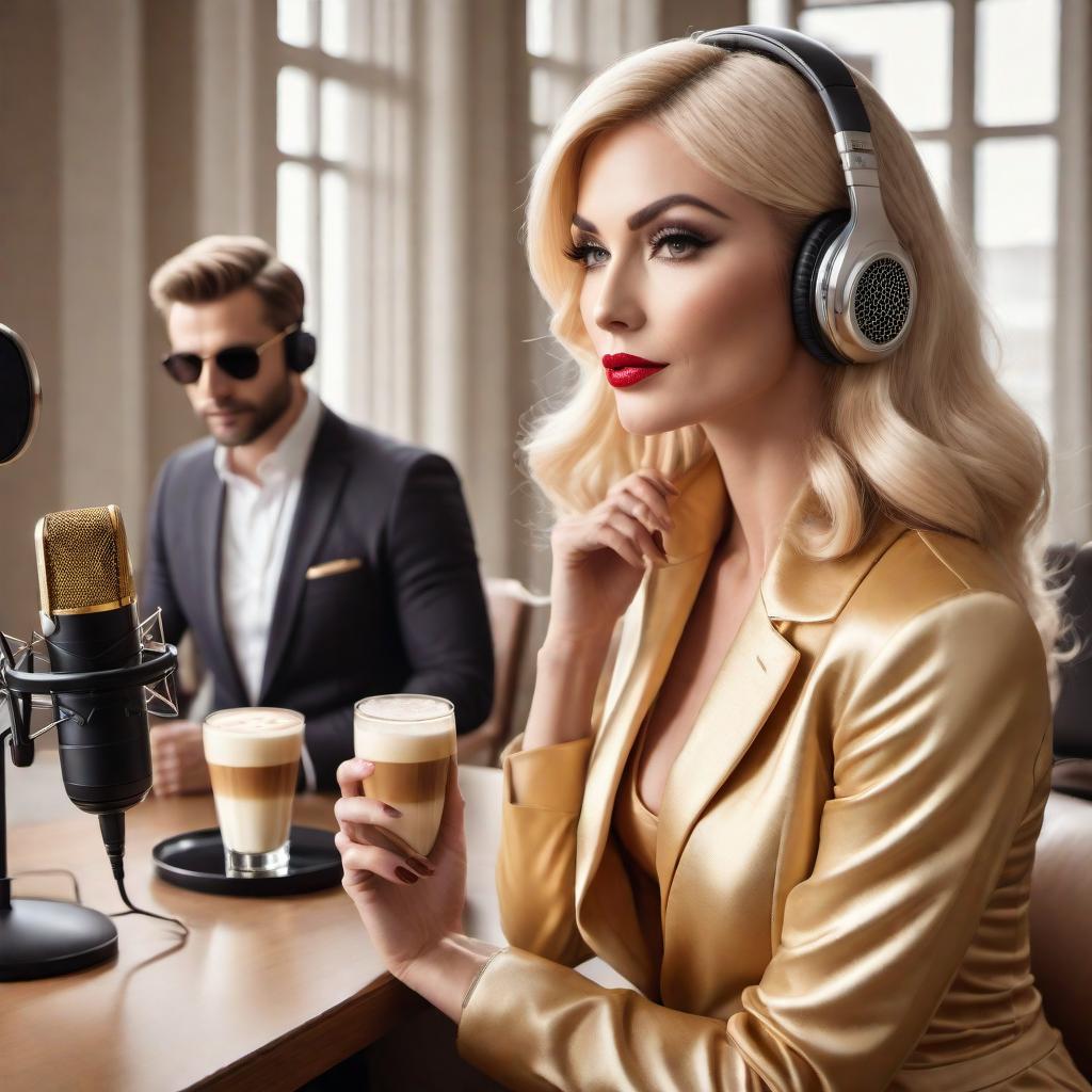  Take the previously loved 60s vintage cartoon-style podcast cover design, which features two distinct women in their late 30s. One woman has blonde hair and the other has brown hair. They are elegantly dressed in stylish, upscale outfits, with one holding an espresso martini. The setting is an elegant room set up for podcasting, including microphones and headphones. Use warm and inviting colors such as gold, white, and soft pastels. Ensure the title 'Plotting Greatness' is prominently displayed in cursive within the design as a title, without altering the loved visual elements. hyperrealistic, full body, detailed clothing, highly detailed, cinematic lighting, stunningly beautiful, intricate, sharp focus, f/1. 8, 85mm, (centered image composition), (professionally color graded), ((bright soft diffused light)), volumetric fog, trending on instagram, trending on tumblr, HDR 4K, 8K