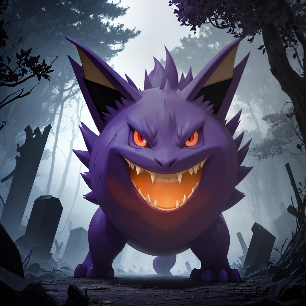  only a pokemon, gengar, ghost, poison, quadrupedal, creature, purple fur, (round body:1.2), short legs, toothy grin, (pointed ears:0.9), small teeth, upper jaw, fang like, lower jaw, red eyes, yellow pupils, short tail, levitate, float, silently, ghost type, versatile, wild, lurk, dark, abandoned places, graveyards, mischievous, shadows, appearance, fears, desires, manipulate, powerful, mysterious, unique abilities, mischievous personality, formidable, levitate, hide, shadows, attacks  hyperrealistic, full body, detailed clothing, highly detailed, cinematic lighting, stunningly beautiful, intricate, sharp focus, f/1. 8, 85mm, (centered image composition), (professionally color graded), ((bright soft diffused light)), volumetric fog, trending on instagram, trending on tumblr, HDR 4K, 8K