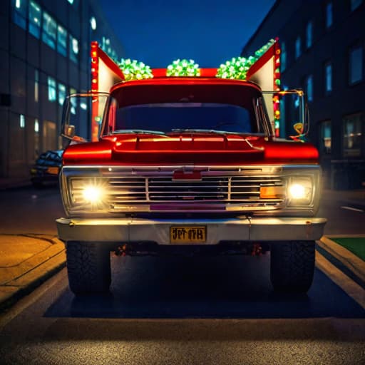  Truck Christmas, truck in a Christmas bow, the most Christmas truck ever hyperrealistic, full body, detailed clothing, highly detailed, cinematic lighting, stunningly beautiful, intricate, sharp focus, f/1. 8, 85mm, (centered image composition), (professionally color graded), ((bright soft diffused light)), volumetric fog, trending on instagram, trending on tumblr, HDR 4K, 8K