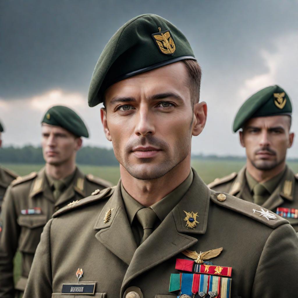  A realistic portrait of a person resembling the face in the provided image, dressed as a team captain in the army. The person wears a military uniform with captain's insignia, standing confidently. The background is set in a military base or a dramatic battlefield. hyperrealistic, full body, detailed clothing, highly detailed, cinematic lighting, stunningly beautiful, intricate, sharp focus, f/1. 8, 85mm, (centered image composition), (professionally color graded), ((bright soft diffused light)), volumetric fog, trending on instagram, trending on tumblr, HDR 4K, 8K