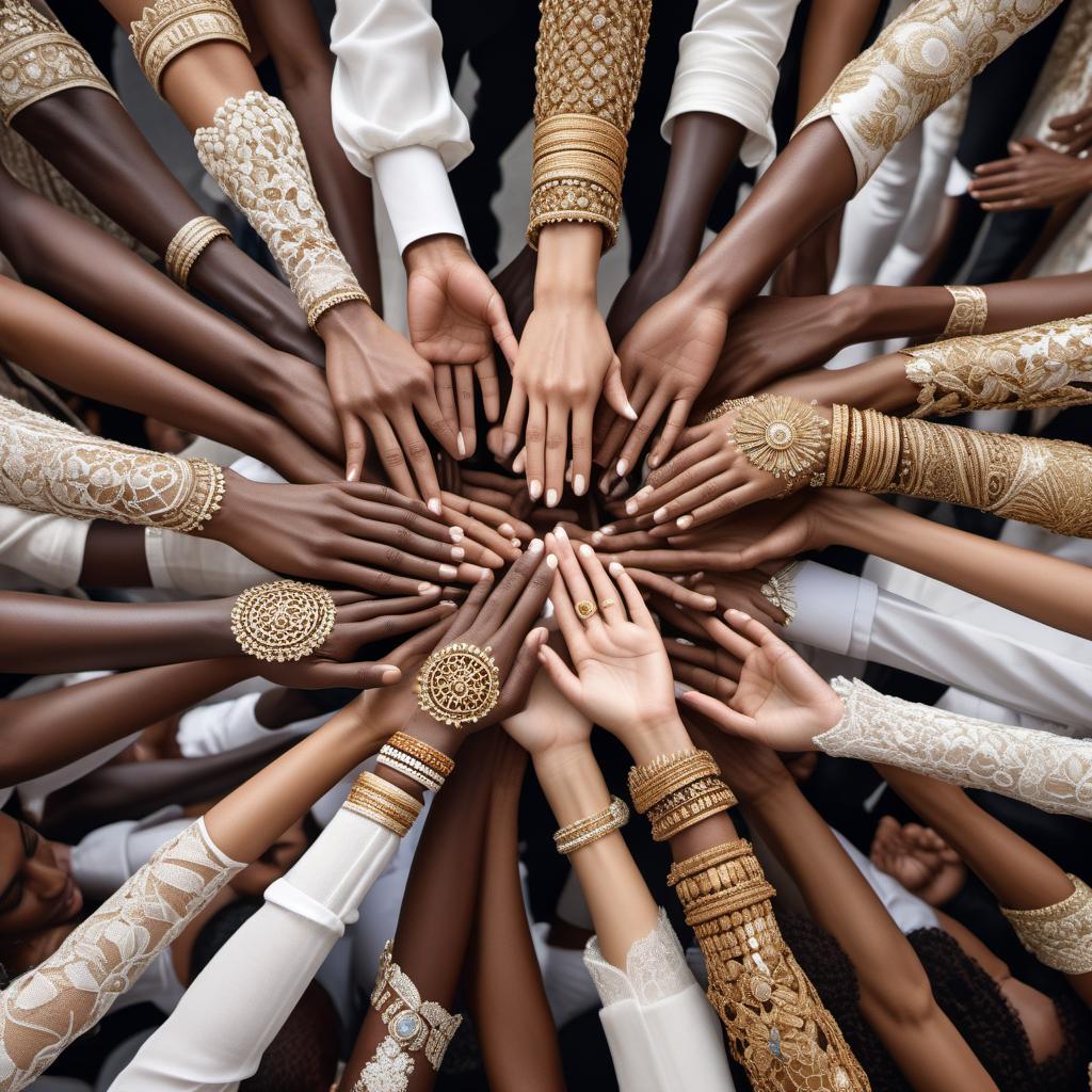  An intense image of thousands of people's hands—white, black, and brown—joining together in solidarity for peace on Earth. The hands should be detailed, varied, and joining in a powerful gesture of unity. The background should consist of many countries merged together from all over the world, symbolizing a united planet. The image should evoke a strong sense of togetherness and hope for global peace. hyperrealistic, full body, detailed clothing, highly detailed, cinematic lighting, stunningly beautiful, intricate, sharp focus, f/1. 8, 85mm, (centered image composition), (professionally color graded), ((bright soft diffused light)), volumetric fog, trending on instagram, trending on tumblr, HDR 4K, 8K