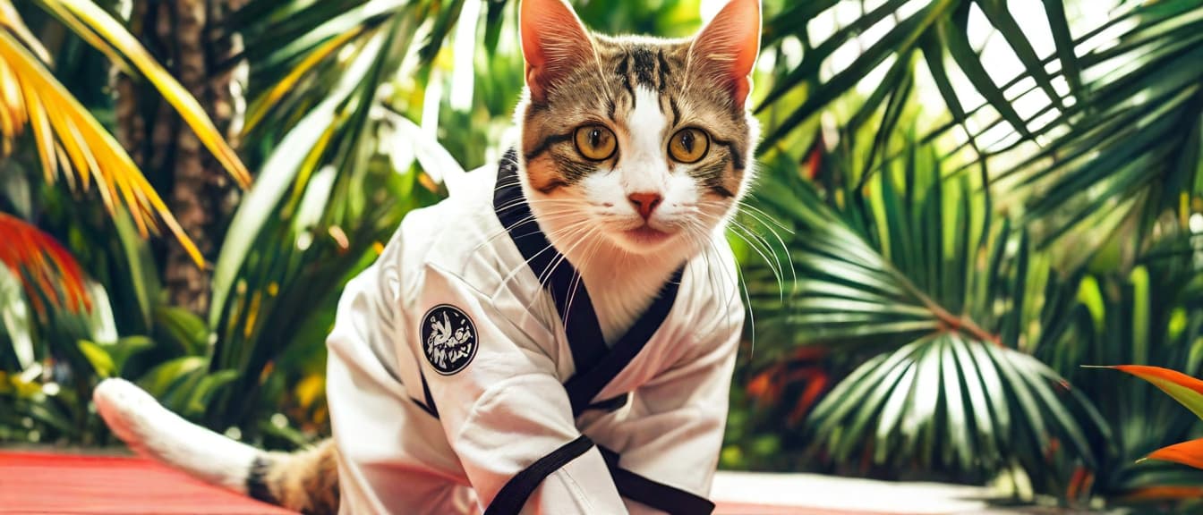  best quality, HD, cat in karate suit on tropical background